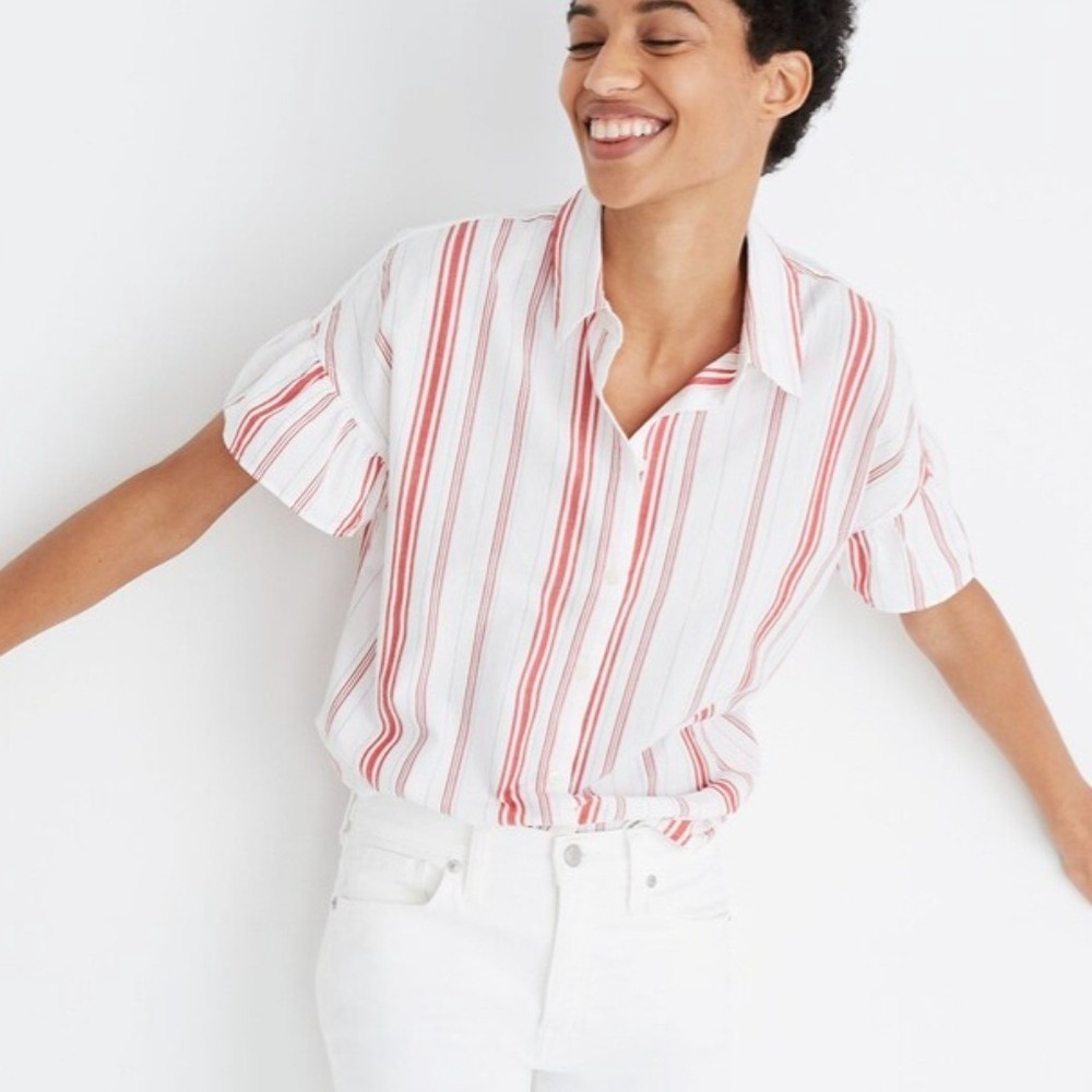 Madewell Central Ruffle-Sleeve Shirt Sz L Carey Stripe Lightweight Oversized